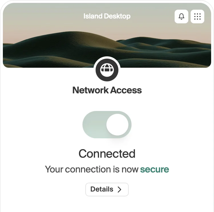 Island Desktop Network Access panel showing Connected and Your connection is now secure