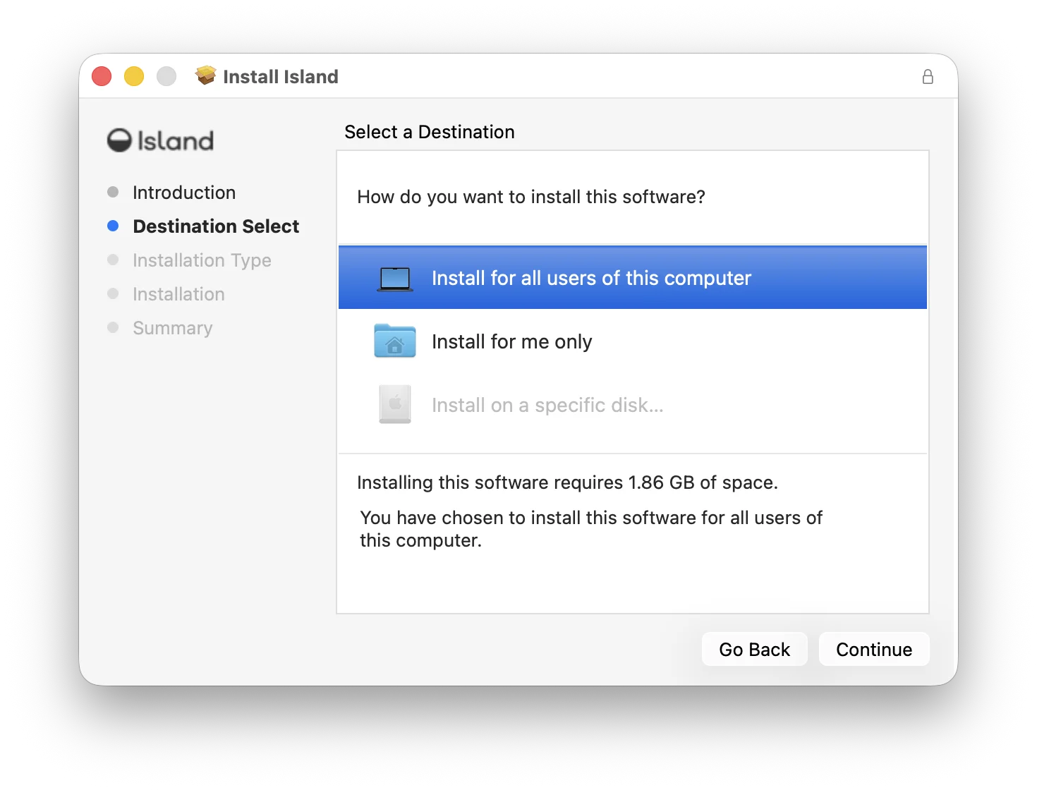 The Island installer on the Select a Destination step, with Install for all users of this computer selected
