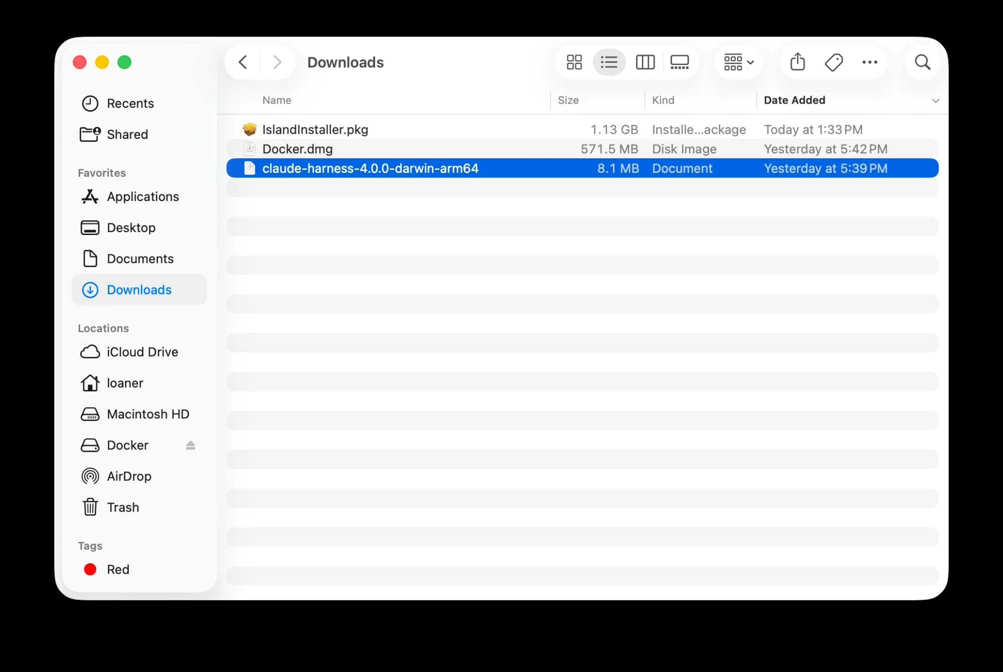 The Downloads folder in Finder, showing IslandInstaller.pkg at the top