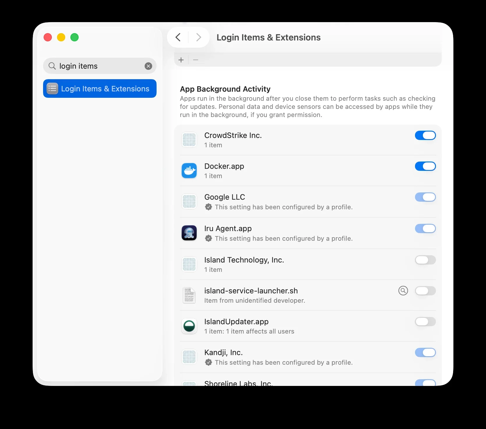 System Settings, Login Items and Extensions, listing Island Technology and IslandUpdater under App Background Activity