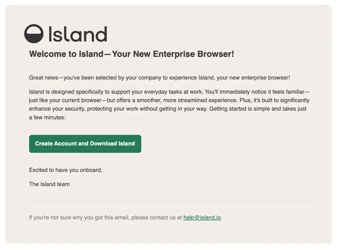 The Island welcome email, with a green Create Account and Download Island button